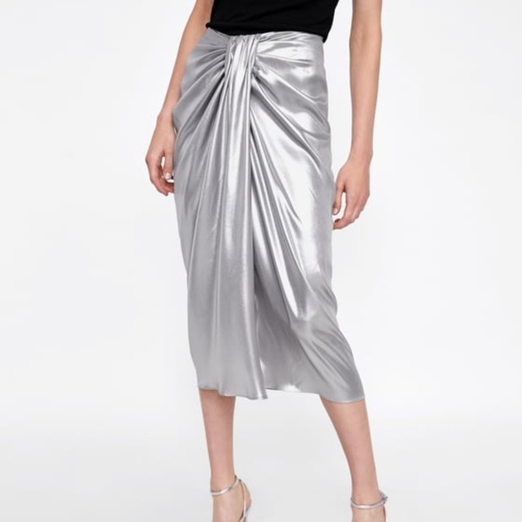 Zara Dresses & Skirts - Zara Woman Silver Metallic-effect draped skirt